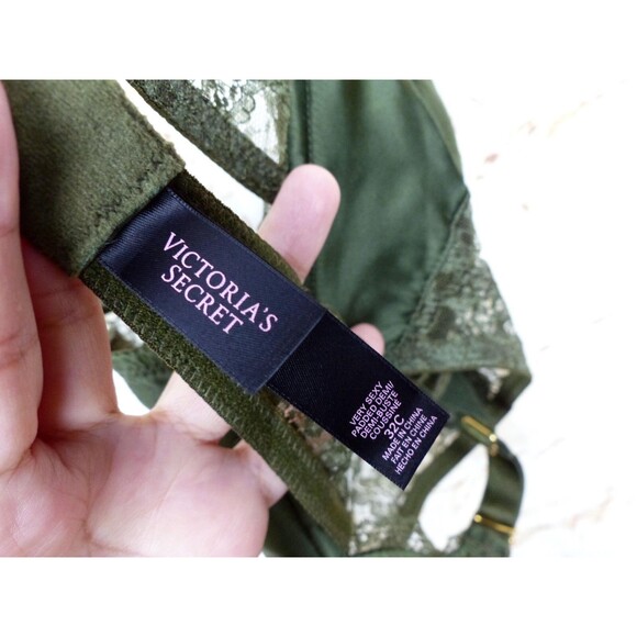 Victoria’s Secret Very Sexy Bustier Demi Bra 32C Olive Green Lace Satin Pin Up - Picture 11 of 14